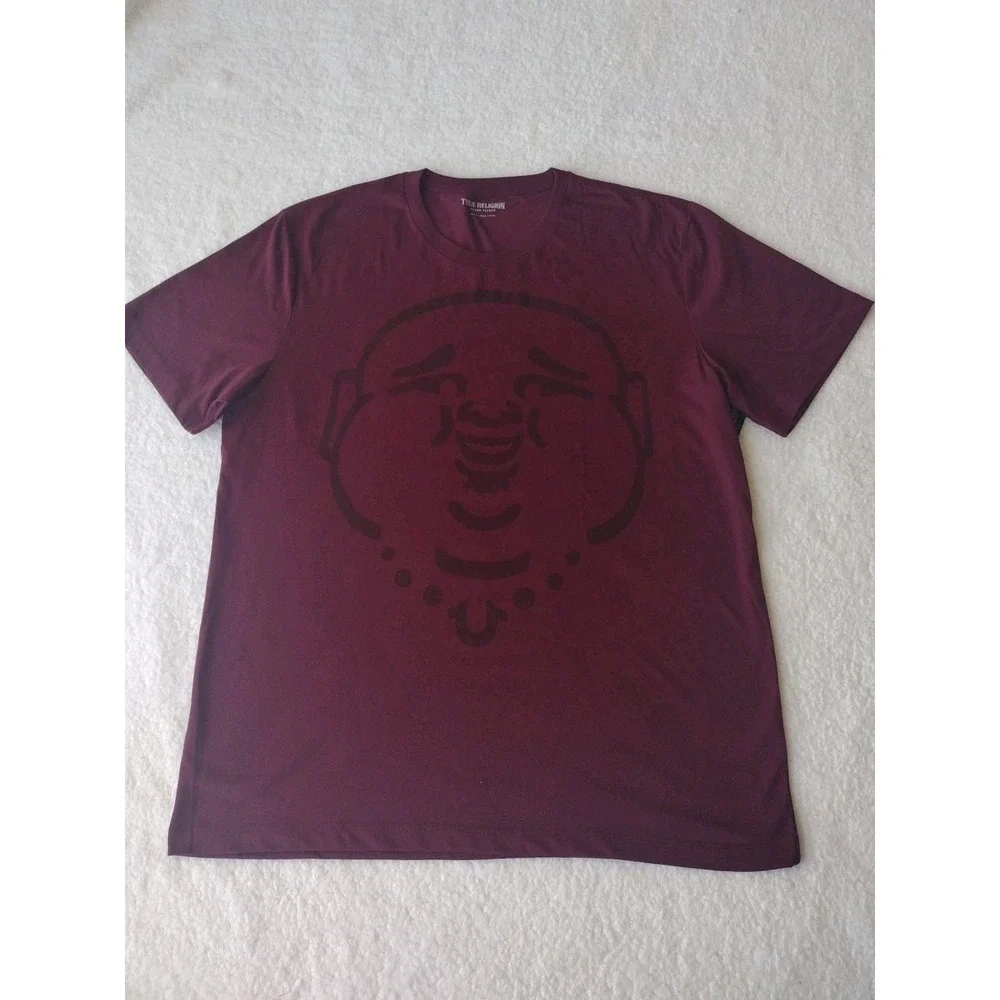 True Religion T Shirt Men's XXL Burgundy Tee‎ Buddha Face Graphic Short Sleeve